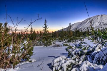 Night scenery of a trail in the winter Tatras. Poland