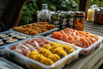 Fototapeta premium Delicious sushi and sashimi platter with fried food and drinks Perfect for a party or gathering