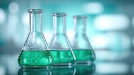 Glass Laboratory Flasks with Green Liquid Bubbles