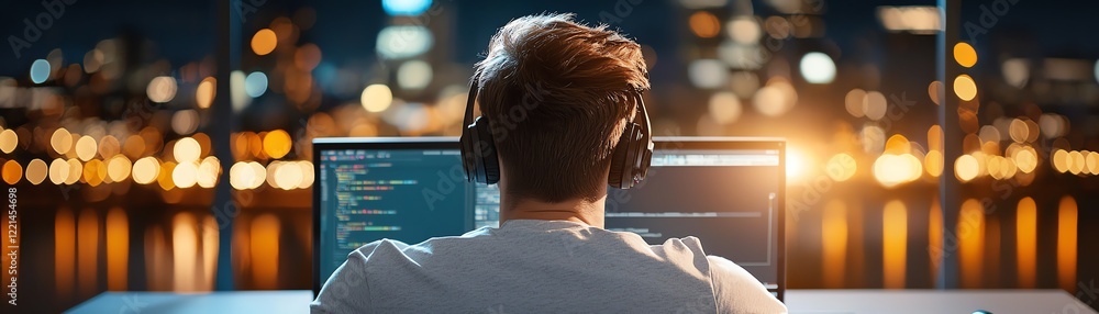 Poster a focused individual wearing headphones, engaged in programming or coding at a computer, with a vibr