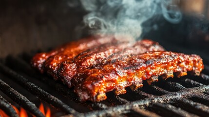 Juicy barbecue ribs smoking on grill with flames and char marks