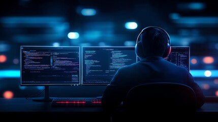 A focused individual immersed in the world of coding, captured in a dark environment illuminated by vibrant computer screens, embodying the essence of modern technological innovati