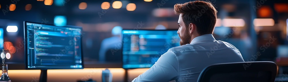 Aufkleber a focused individual works on a complex coding project in a dimly lit office environment
