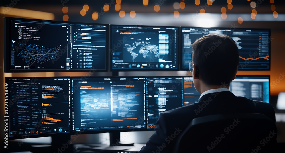 Aufkleber a focused professional analyzes data on multiple computer screens in a modern office