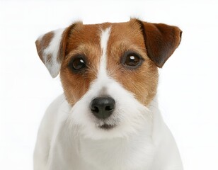 A playful Jack Russell Terrier sitting and looking forward, isolated on a white background. Perfect for pet, animal, and playful design themes showcasing the breed's energy.