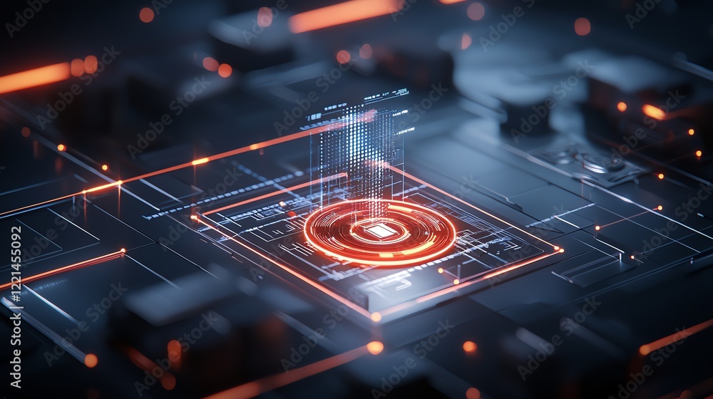 Poster a futuristic circuit board showcasing intricate patterns and a glowing red circular element, symboli