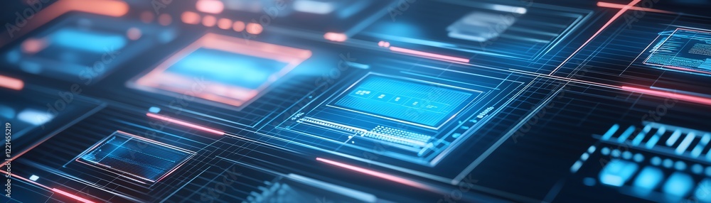 Poster a futuristic digital interface showcasing complex circuitry and glowing elements. ideal for illustra