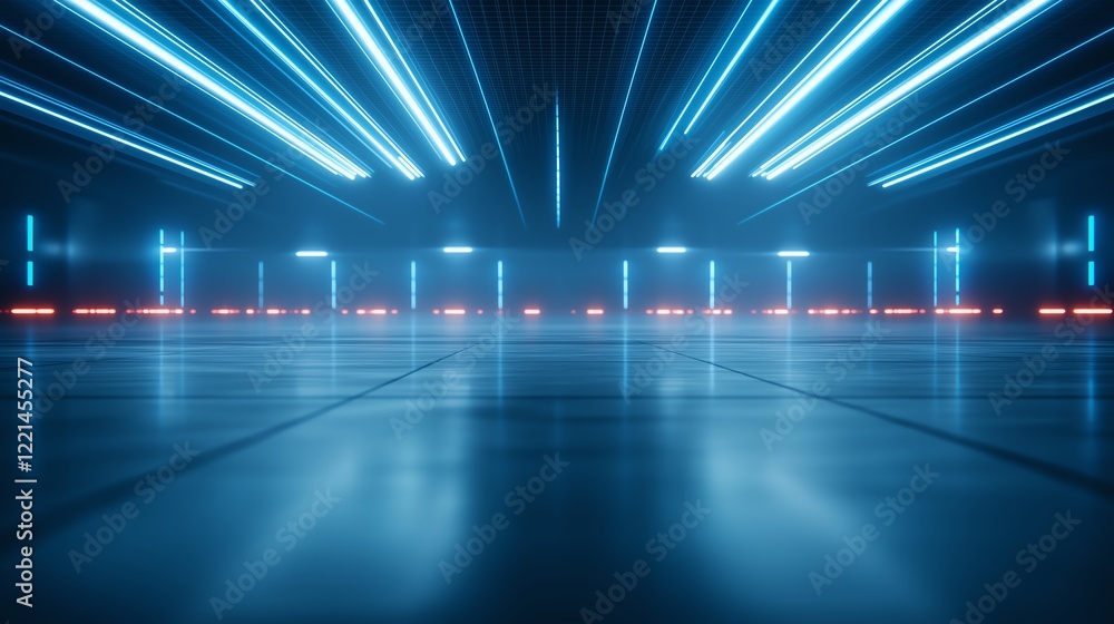 Poster a futuristic setting showcasing bright blue and red light streaks against a reflective surface, crea