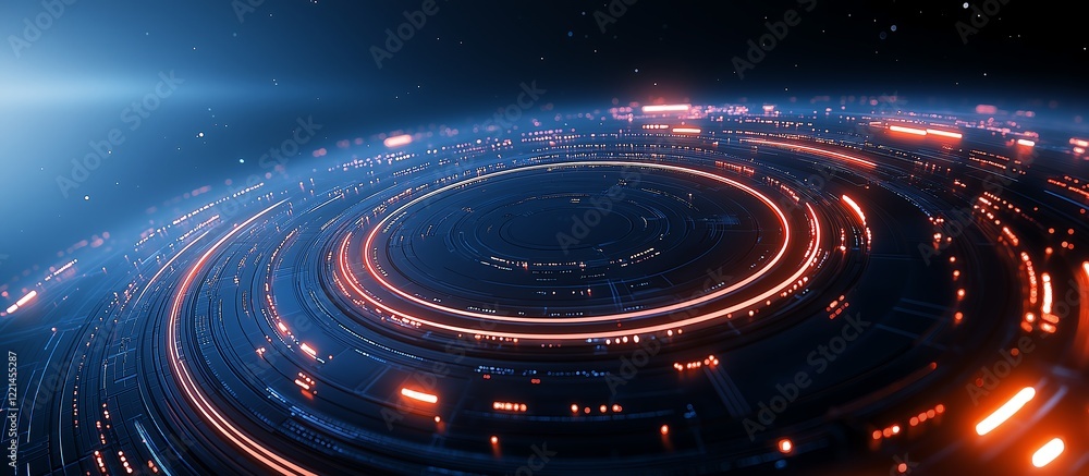 Poster a futuristic digital landscape features glowing rings and vibrant colors, creating a sense of advanc