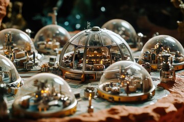A small scale replica of a city enclosed in a glass or plastic dome, ideal for architectural models or futuristic designs