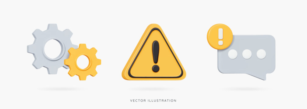 3D Technical problems icon set. Attention sign with exclamation mark in yellow triangle, speech bubble message and gear. Computer system error. Cartoon design icons isolated. 3D Vector illustration