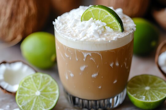 A zesty lime coconut iced latte with a creamy foam top and a slice of lime.