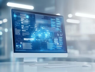 A modern computer screen displaying advanced data analytics with blue digital graphics and code lines, representing innovation and technology in a contemporary workspace.