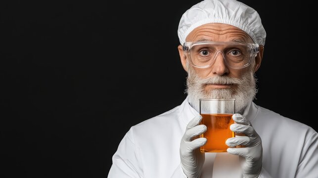 Senior Scientist Examining Sample: A thoughtful senior scientist, clad in a lab coat and safety glasses, scrutinizes a sample in a beaker against a stark black background.