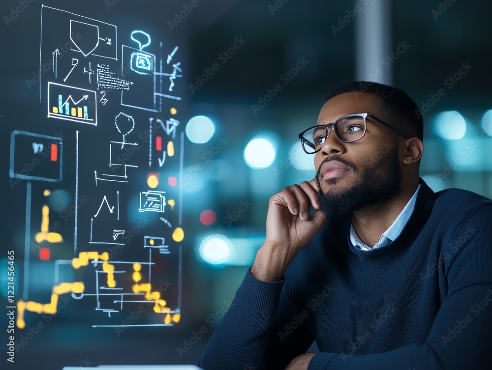 Aufkleber a thoughtful professional analyzing data visualizations while working late in a modern office enviro