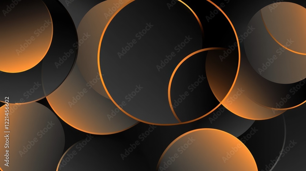 Poster abstract black circles with orange lines design, digital background image for web or print