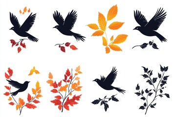 Four silhouettes of birds and leaves against a dark background