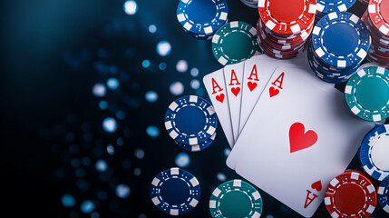 A vibrant display of colorful poker chips and playing cards, showcasing a winning hand. Perfect for illustrating games, casinos, strategy, or a night out with friends.