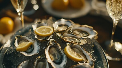 Elegant oyster platter with lemons and champagne in a sunlit setting