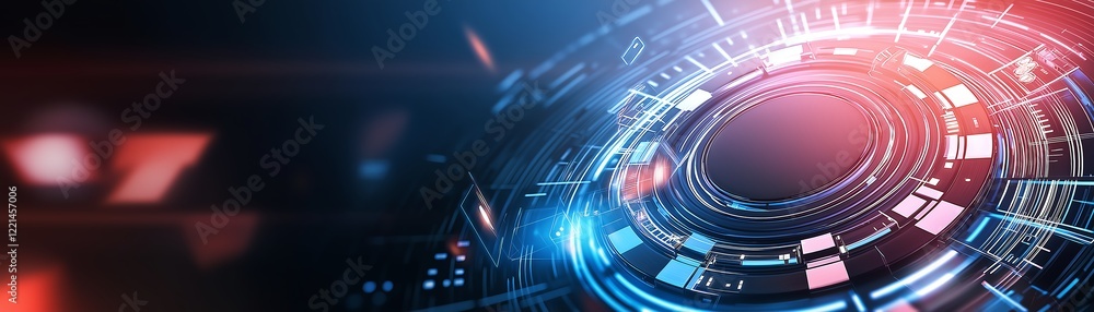 Poster a vibrant, futuristic digital interface featuring glowing circles and geometric patterns, representi