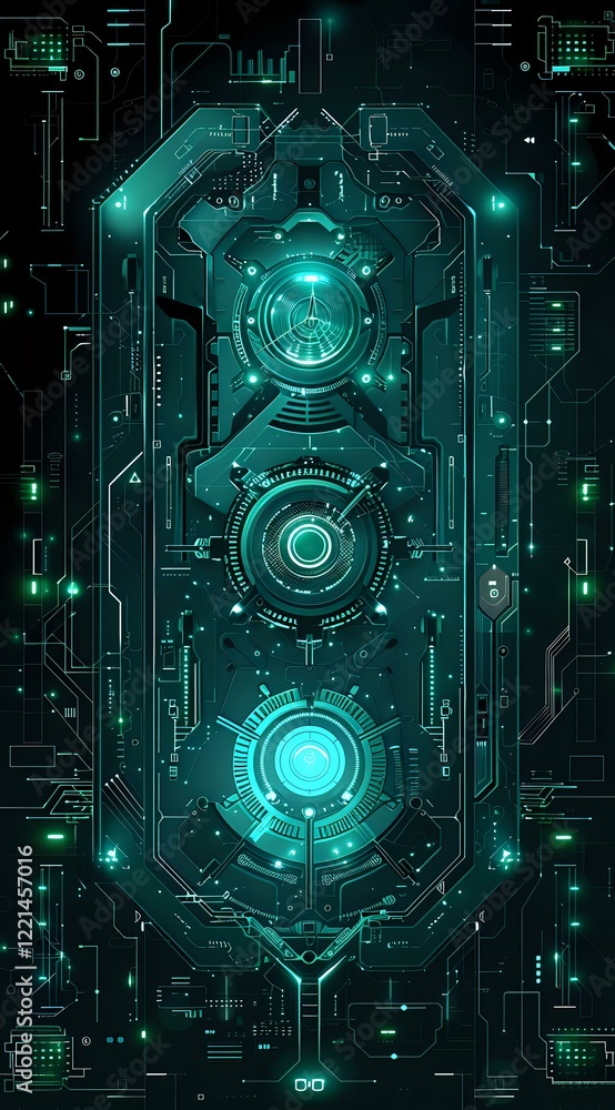 Poster futuristic cyber circuit pattern with glowing turquoise circles and intricate technological details.