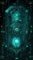Fototapeta premium Futuristic cyber circuit pattern with glowing turquoise circles and intricate technological details. Perfect for sci-fi designs, gaming interfaces, and modern tech backgrounds
