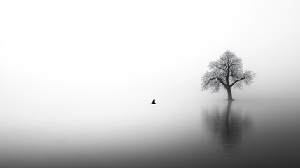 A tree is in the water and a bird is flying above it
