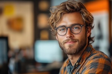 Obraz premium Portrait of an IT engineer in the office, young smiling European man in glasses
