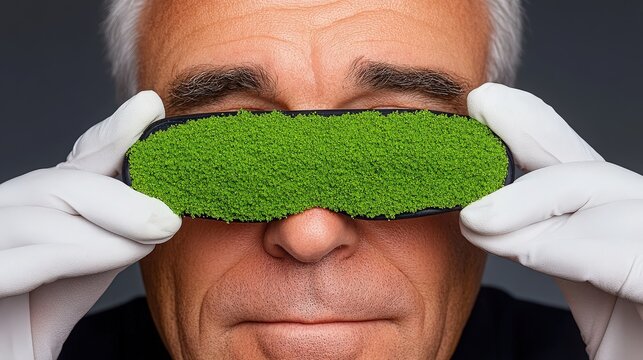 Green Vision: A close-up shot of a man gently holding a moss-covered mask over his eyes, creating a striking visual metaphor for environmental consciousness or a connection with nature. 