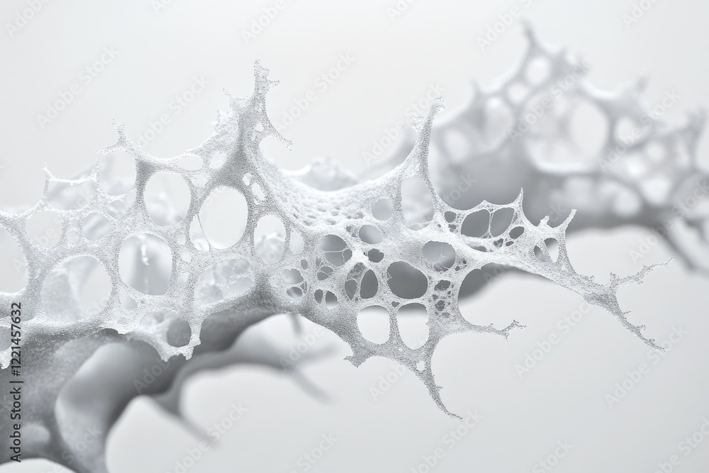 Poster abstract 3d render of a delicate, porous, white structure resembling a network or foam.