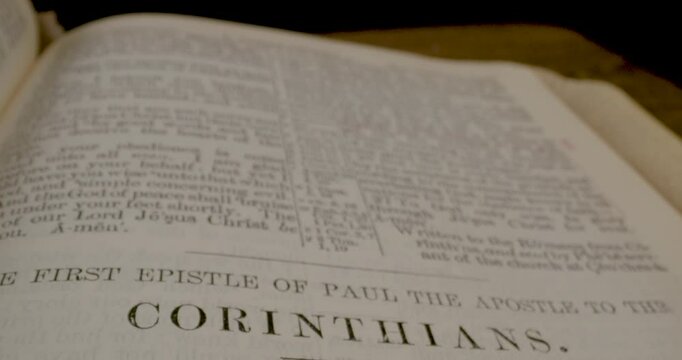 Holy Bible Macro Text Title The First Epistle Of Paul Corinthians Tilt Down