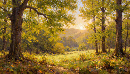 Fototapeta premium Sunset through trees in a serene green landscape