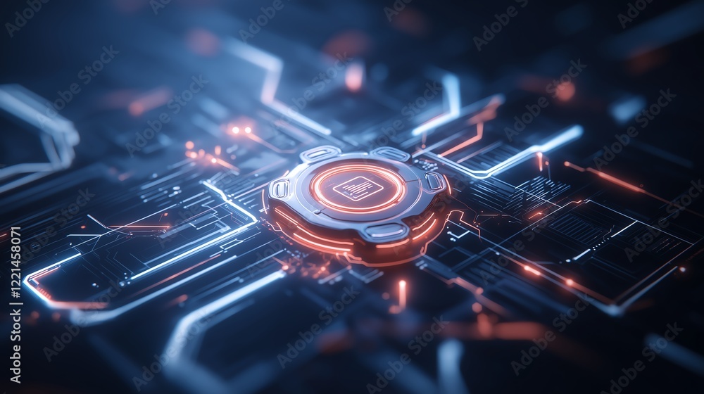 Poster futuristic close-up of a glowing circuit board with intricate patterns and vibrant lights