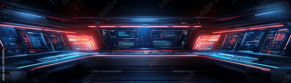 Poster futuristic digital control panel featuring illuminated screens and sleek interfaces, perfect for dep