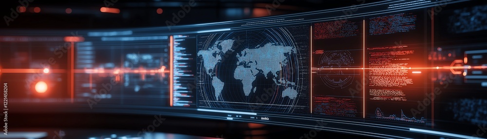Poster futuristic digital interface with glowing panels displaying global data, ideal for tech and innovati