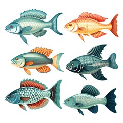 Fototapeta premium Colorful fish illustrations isolated on white for marine life design and decoration