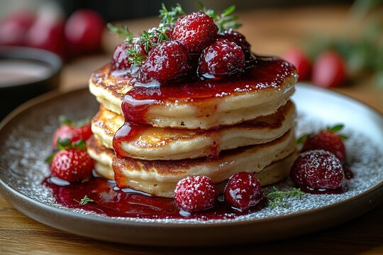 Stack of fluffy pancakes topped with berry compote and fresh strawberries A delicious breakfast treat!
