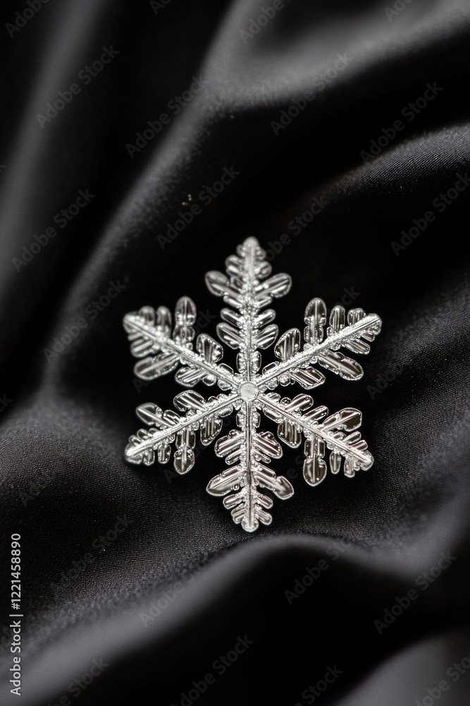 Poster a close-up view of a single snowflake resting on a black cloth