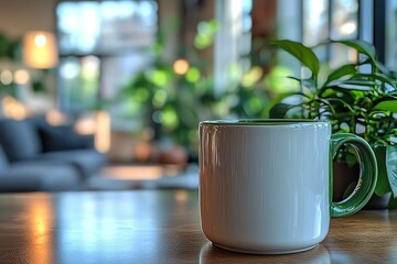 Coffee mug on a wooden table in a bright plant-filled room Relaxing atmosphere