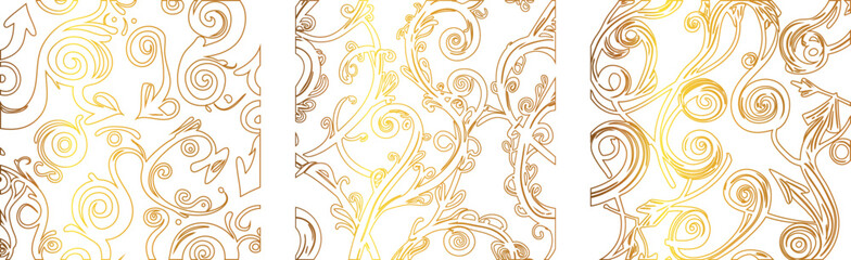  Set of three seamless golden ornamental patterns with intricate swirling vines and floral elements on a white background. The elegant gold line art gives a luxurious and decorative touch, making it i © Svutlana
