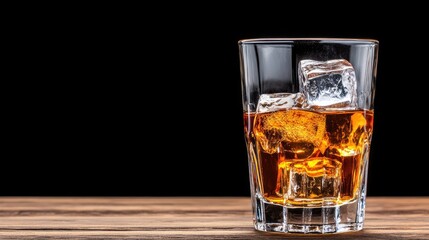 Amber Whiskey On The Rocks In A Rocks Glass On Wooden Table