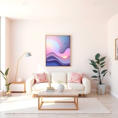 Living room mockup with colorful wave artwork creating a vibrant and cheerful atmosphere