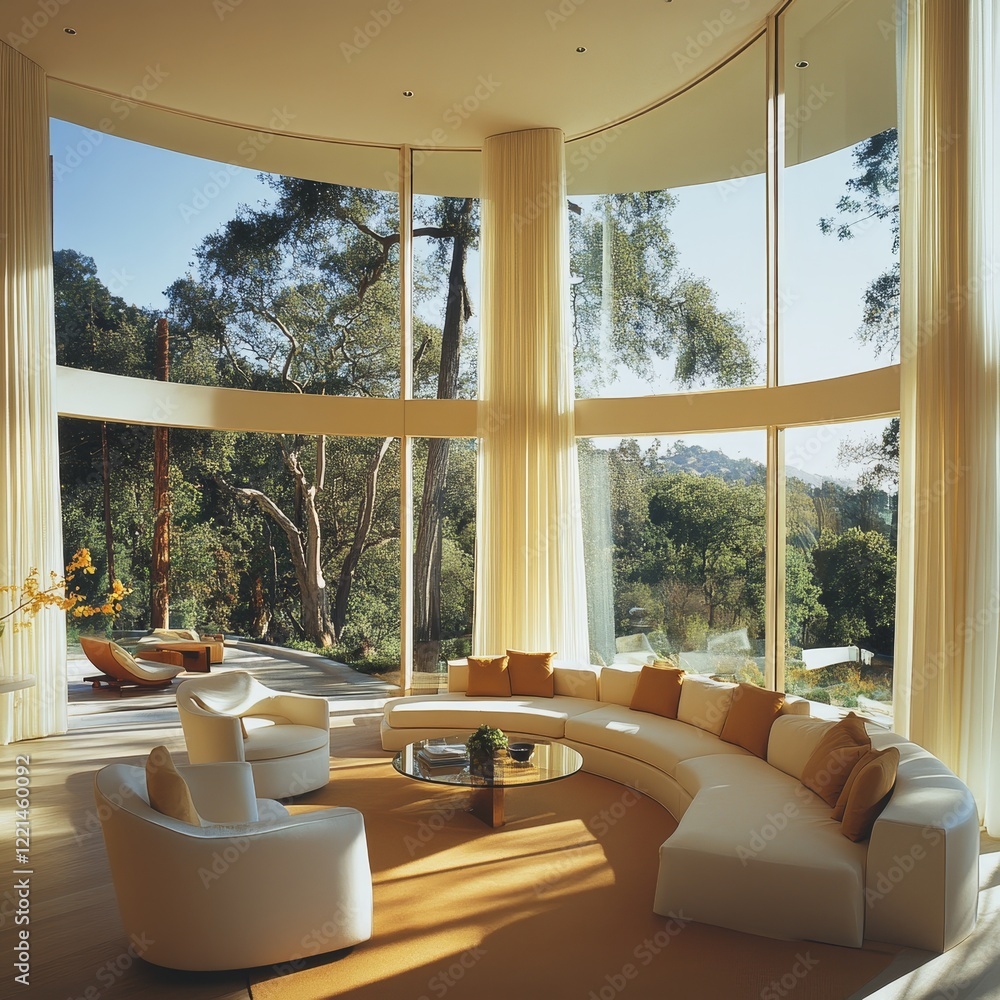 Poster a spacious modern room with floor-to-ceiling windows offering panoramic views, featuring a stylish c