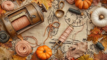 Autumnal Yarn And Pumpkins On Rustic Fabric