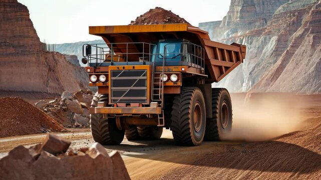 Large truck transporting iron ore at a mining site surrounded by rocky terrain and steep slopes during the daytime, showcasing heavy machinery in action