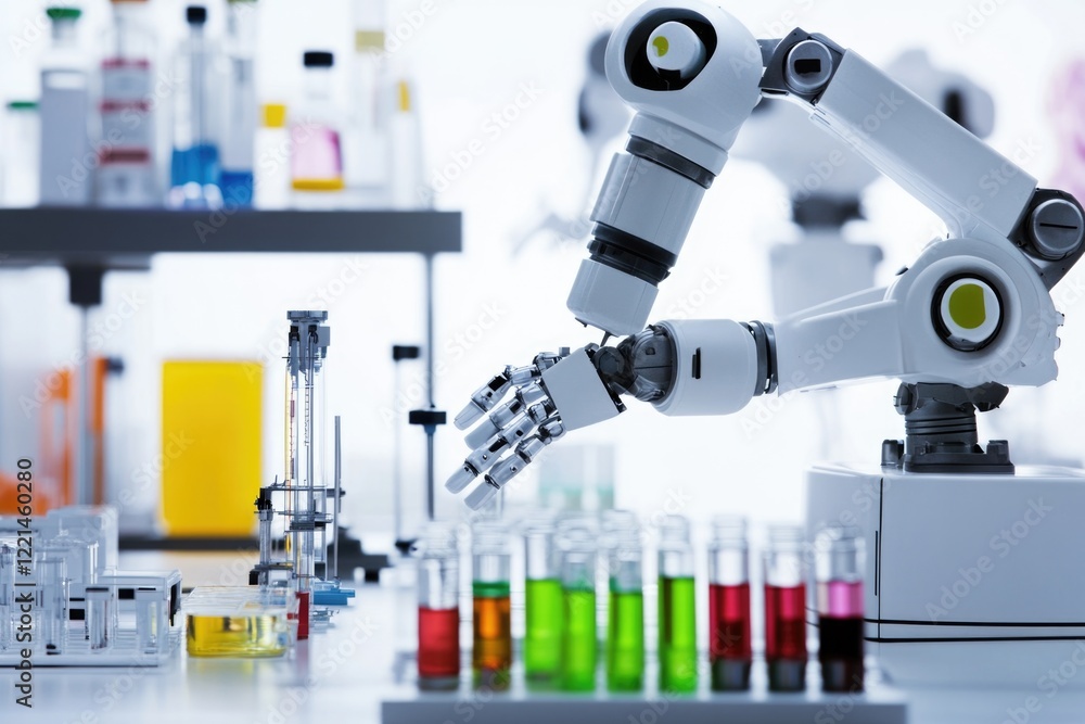 Poster a robotic arm holds test tubes in a laboratory setting