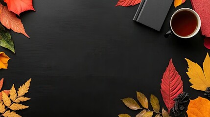 Autumn Still Life Flat Lay with Colorful Leaves, Tea, and Notebook on Dark Wood Background