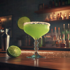 Classic Margarita with Lime and Salt Rim on a Bar Counter