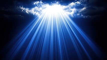 Fototapeta premium Blue Light Rays Emerging From Dark Clouds Dramatic Heavenly Background