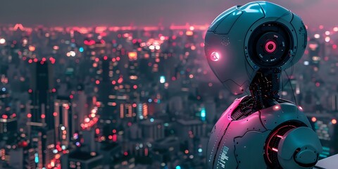 Futuristic robot silhouette against neon cyberpunk cityscape background with pink and blue lighting, perfect for technology, AI and future concept designs in digital media.